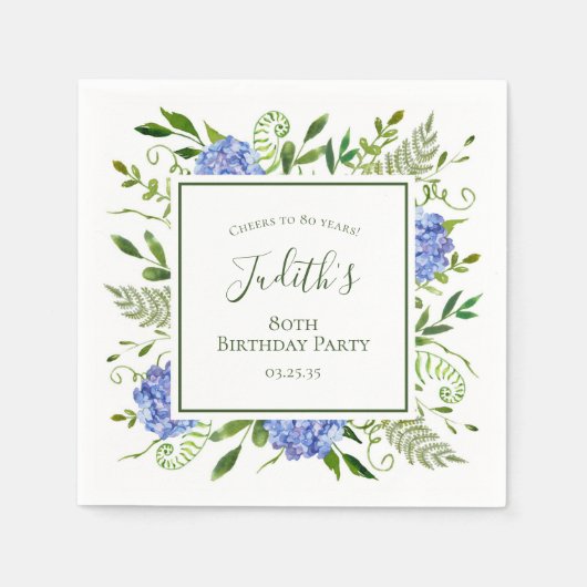 80th Birthday Blue Hydrangeas スタンダードカクテルナプキン (正面)