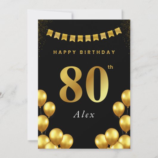 80th Birthday Card Black and Gold Balloons カード (正面)