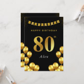 80th Birthday Card Black and Gold Balloons カード (正面/裏面インサイチュ)