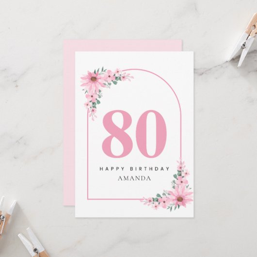 80th Birthday Card For Women Pink Flower カード (正面/裏面インサイチュ)