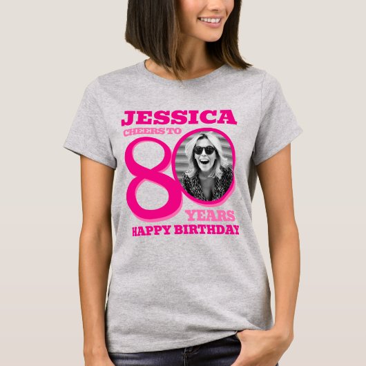 80th Birthday doubled sided photo name pink text Tシャツ (正面)