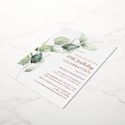 80th Birthday Eucalyptus Script Party 箔招待状 (回転した状態)