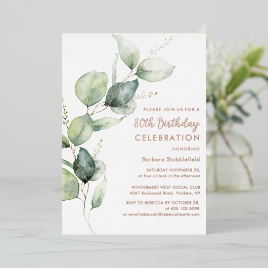 80th Birthday Eucalyptus Script Party 箔招待状 (立ち正面)