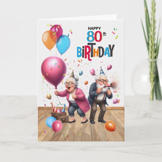 80th Birthday Funny Old Man and Woman Balloons カード (正面)