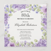 80th Birthday Invitation Elegant Purple Floral 招待状 (正面)