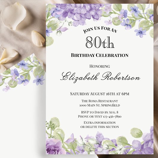 80th Birthday Invitation Elegant Purple Floral 招待状