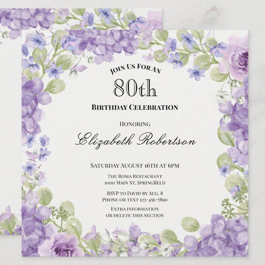 80th Birthday Invitation Elegant Purple Floral 招待状