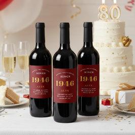 80th Birthday Name 1946 Red Gold Elegant Chic ワインラベル