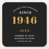 80th Birthday Name 1946 Year Black Gold Custom スクエアペーパーコースター (正面)