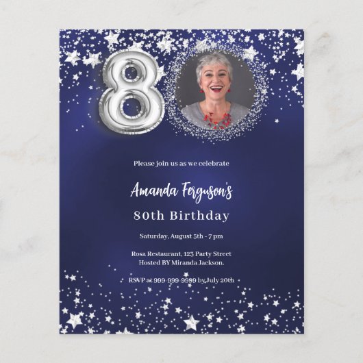 80th birthday navy blue silver photo invitation (正面)