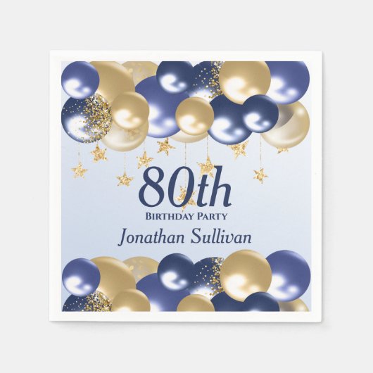 80th Birthday Navy Gold Balloons Party スタンダードカクテルナプキン (正面)