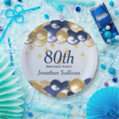 80th Birthday Navy Gold Balloons Party ペーパープレート (パーティー)