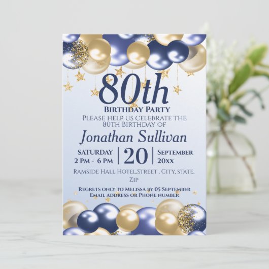80th Birthday Navy Gold Balloons Party 招待状 (スタンド正面)