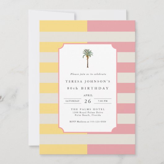 80th Birthday Palm Beach Pastel Stripe Tropical 招待状 (正面)