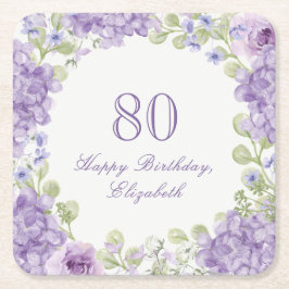 80th Birthday Paper Coaster Elegant Purple Floral スクエアペーパーコースター