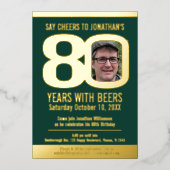 80th Birthday partyグリーン金ゴールドフォイルフォトビール 箔招待状 (正面)