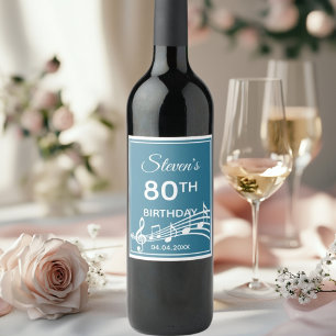80th birthday partyティール(緑がかった色)ブルーミュージックノート名 ワインラベル