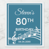80th birthday partyティール（緑がかった色）ブルーミュージックノート名 ワインラベル (シングルラベル)