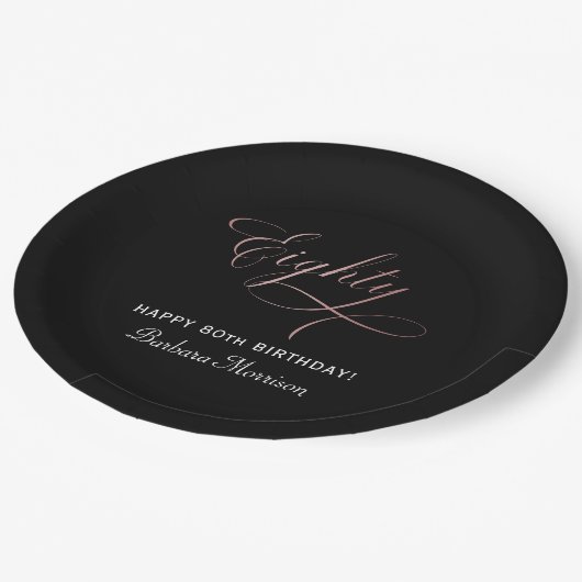 80th Birthday Partyバラ金ゴールドスクリプトパーソナライズされた ペーパープレート (アングル)