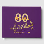 80th birthday partyパープル金ゴールドミュージックノート ゲストブック<br><div class="desc">そしてエレガント80歳の誕生日パーティーのためのゲストブックのための彼女のためのフェイク金ゴールド音楽ノートとしてデコール。80歳のテンプレート、名前、日付。名前は手書入力のスタイル・スクリプト内にある。紫色の背景色を変更してテーマに合わせる。クリックカスタマイズ後、右側の「背景色を選択」</div>