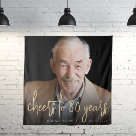 80th Birthday Partyフォト金ゴールドスクリプト応援 タペストリー