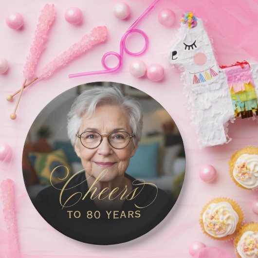 80th Birthday Partyフォト金ゴールドスクリプト応援 ペーパープレート (パーティー)