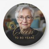 80th Birthday Partyフォト金ゴールドスクリプト応援 ペーパープレート (正面)