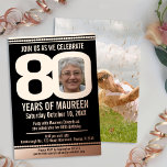 80th Birthday partyブラックとバラ金ゴールドフォイル写真 箔招待状<br><div class="desc">シンプルグラフィックはっきりしたブラック、バラ金ゴールドフォイルまたは独自のフォイル写真テンプレート80th誕生日パーティー招待。自分の誕生日パーティーのイベント詳細と、80年の0の中央に自分の誕生日の少年または少女の写真を表示し、その反対に1枚のフルブリードアウト写真を使用して、このビーズ付きのマイルストーンの誕生日の招待をパーソナライズする。その他の年の色と一致するアイテムが利用可能。©オリジナルデザインby Sarah Trett for www.mylittleeden.com on Zazzle.</div>