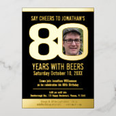 80th Birthday partyブラック金ゴールドフォイルフォトビール 箔招待状 (正面)
