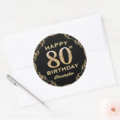 80th Birthday Partyブラック&金ゴールドグリッター枠 ラウンドシール (封筒)