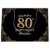 80th Birthday Partyブラック&金ゴールドグリッター枠 ラージペーパーバッグ (正面)