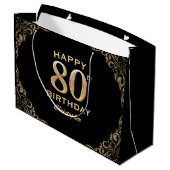 80th Birthday Partyブラック&金ゴールドグリッター枠 ラージペーパーバッグ (裏面アングル)
