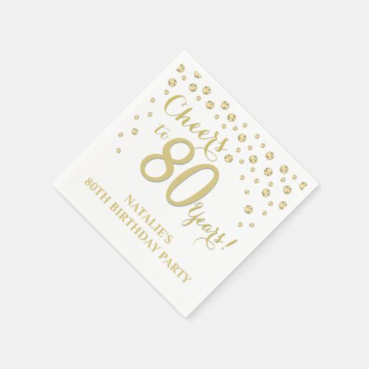 80th Birthday Partyホワイトと金ゴールドダイヤモンドナプキン スタンダードカクテルナプキン (角)