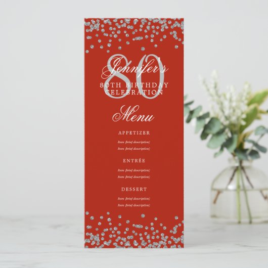 80th Birthday Partyメニューシルバー紙吹雪レッド 招待状 (スタンド正面)