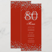 80th Birthday Partyメニューシルバー紙吹雪レッド 招待状 (正面/裏面)