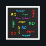 80th Birthday Party繰り返し名前，ブラック紙 スタンダードカクテルナプキン<br><div class="desc">80歳の誕生日パーティパーソナライズされたーやその他の大事な行事のための素晴らしい、紙のナプキン。NameとAgeは黒い背景の違うフォントと原色で繰り返される。パーソナライズする簡単 – 名前、年齢、大事な行事を1か所で変更。最大9個の名前をサポートキャラクター。おもしろいカラフル誕生会紙ナプキン。SocolikCardShopのzazzleで利用可能な一致するテーブルクロスと紙プレート。All Rights Reserved © 2014 Alan & Marcia Socolik.</div>