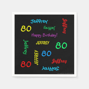 80th Birthday Party繰り返し名前，ブラック紙 スタンダードカクテルナプキン