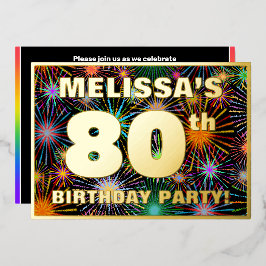 80th Birthday Party —おもしろい、カラフルFireworks Look 箔招待状