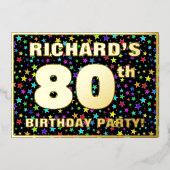 80th Birthday Party —おもしろい、スターカラフルズ・パターン 箔招待状 (正面)