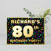 80th Birthday Party —おもしろい、スターカラフルズ・パターン 箔招待状 (立ち正面)