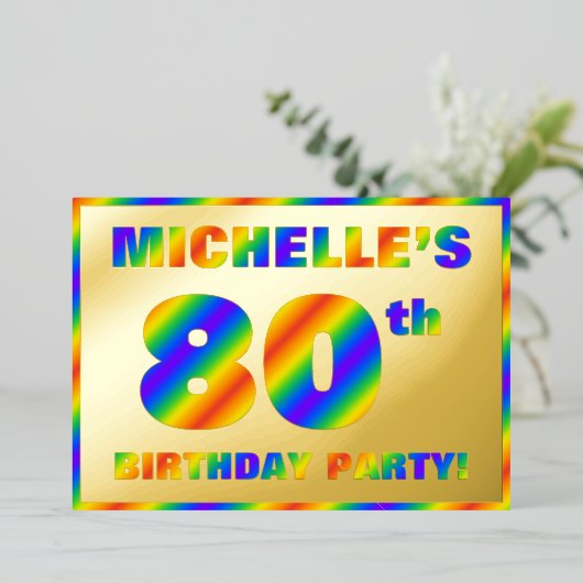 80th Birthday Party —おもしろい、レインボースペクトル「80」 箔招待状 (立ち正面)