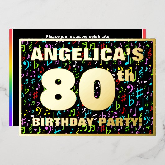80th Birthday Party —おもしろい、音楽シカラフルンボル 箔招待状 (正面/裏面)
