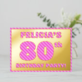 80th Birthday Party — はっきりした、おもしろい、ピンクストライプ色80 箔招待状 (立ち正面)