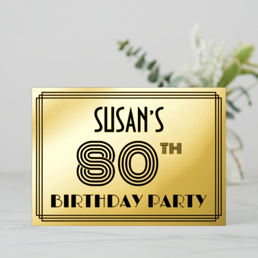 80th Birthday Party —アールデコスタイル「80」 & Name 箔招待状 (立ち正面)