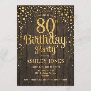 80th Birthday Party – ウッド&素朴金ゴールド 招待状