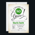 80th Birthday Party – グリーン白黒 招待状<br><div class="desc">レトロなクリーミーな背景と緑の80th誕生日パーティーの招待。機能レトロスクリプトフォント。応援80年！任意のカスタマイズ年齢にすることができる。男性または女性スタイリッシュのマイルストーンの日お祝いに最適。</div>