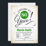 80th Birthday Party – グリーン白黒 招待状<br><div class="desc">レトロなクリーミーな背景と緑の80th誕生日パーティーの招待。機能レトロスクリプトフォント。応援80年！任意のカスタマイズ年齢にすることができる。男性または女性スタイリッシュのマイルストーンの日お祝いに最適。</div>
