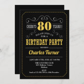 80th Birthday Party – ブラック金ゴールドホワイト 招待状 (正面/裏面)