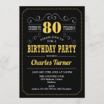 80th Birthday Party – ブラック金ゴールドホワイト 招待状<br><div class="desc">第80回バースデーパーティーへの招待。黒エレガント、金ゴールド、白レトロデザインと黒板パターンとスクリプトフォント。応援80年！メッセージもしの詳細なカスタマイズが必要。</div>