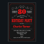 80th Birthday Party – ブラック・レッド・ホワイト 招待状<br><div class="desc">第80回バースデーパーティーへの招待。黒エレガント色の赤と白レトロなデザインと黒板パターンとスクリプトフォント。応援80年！メッセージもしの詳細なカスタマイズが必要。</div>